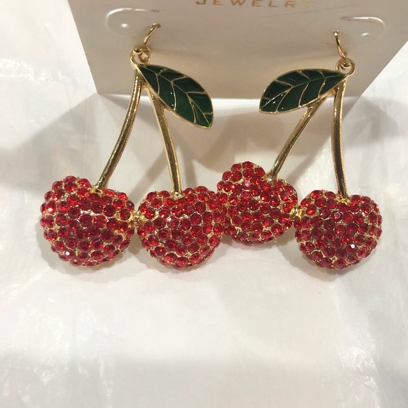 Gold tone ruby red gemstone cherry on stem dangling earrings new - Picture 14 of 16